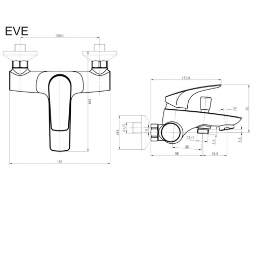 Vaňová batéria Eve150mm rozmery